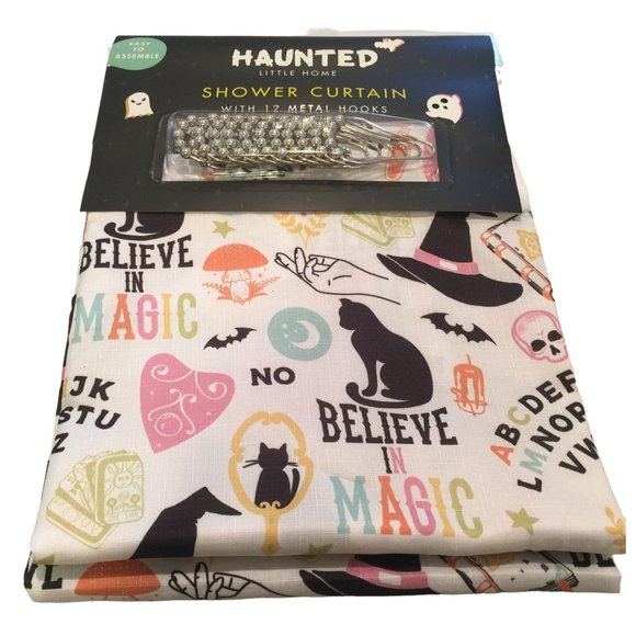 HAUNTED LITTLE HOME Witch Cat Ouija Mushrooms Shower Curtain with Metal Hooks - Picture 1 of 4